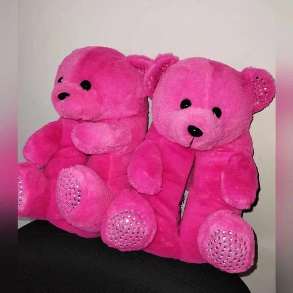 Pink Plush Fluffy Sparkle Teddy Bear Slippers Shoes Fashion Footwear Women Girls - Picture 3 of 4